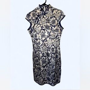 Blue and white floral satin qipao dress